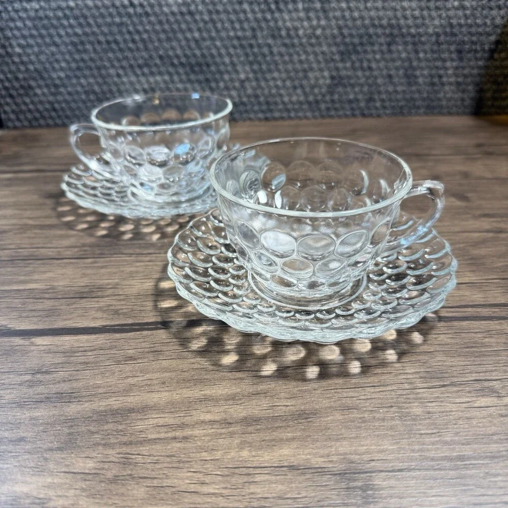 Anchor Hocking Clear Bubble Pattern Glass Cup & Saucer 2 Sets